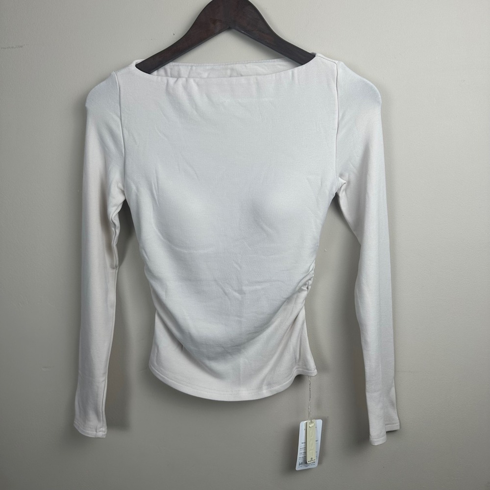 OGL Women's Small Boat Neck Ruched Long Sleeve Top Built In Bra NWT Morning Mist